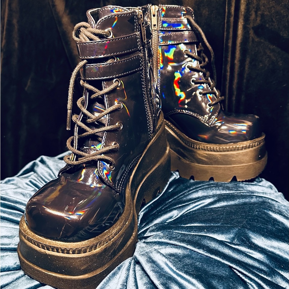 Demonia Holographic Black Boots, size 8